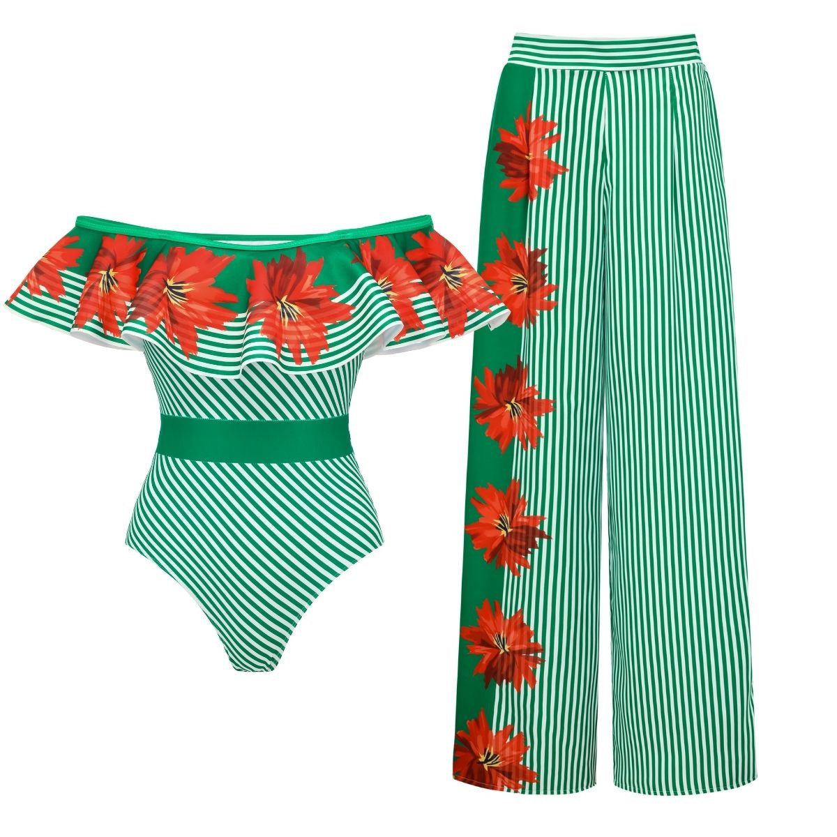 Swimsuit Green Striped Floral Stitching Swimsuit Women Tube Top Swimsuit