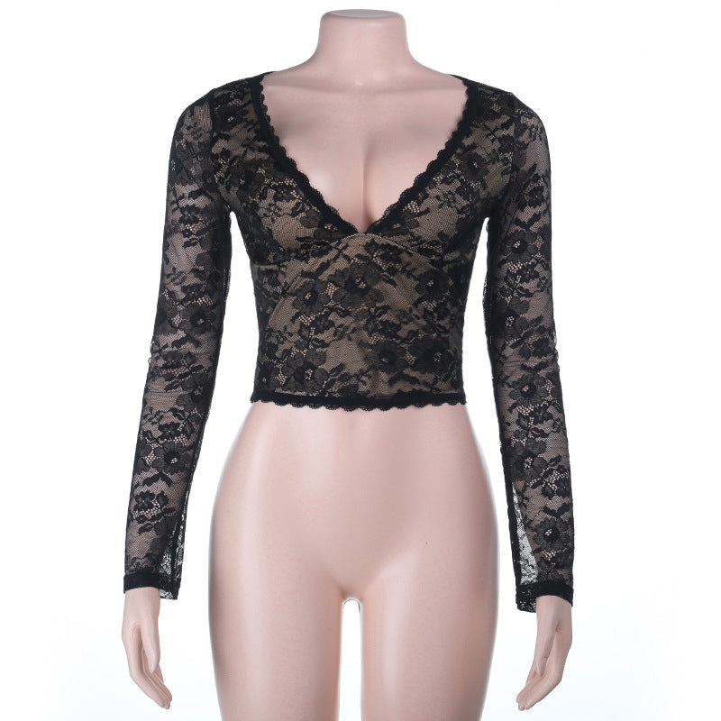 Bella Mia Autumn Sexy Hollow Out Cutout out V neck Lace See through Bottoming Top — alternate view