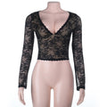 Bella Mia Autumn Sexy Hollow Out Cutout out V neck Lace See through Bottoming Top — alternate view