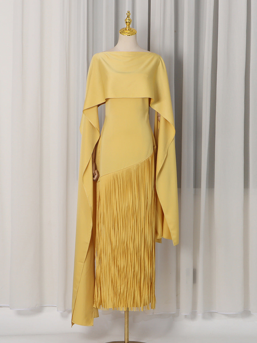 Spring Elegant Retro Faux Two Piece Long Skirt Shawl Design Tassel Dress Swing Dress Women