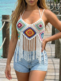 Bella Mia Women Clothing Pure Hand Crocheting Camisole Random Mixed Color Tassel Stitching Crochet Top — detail and construction