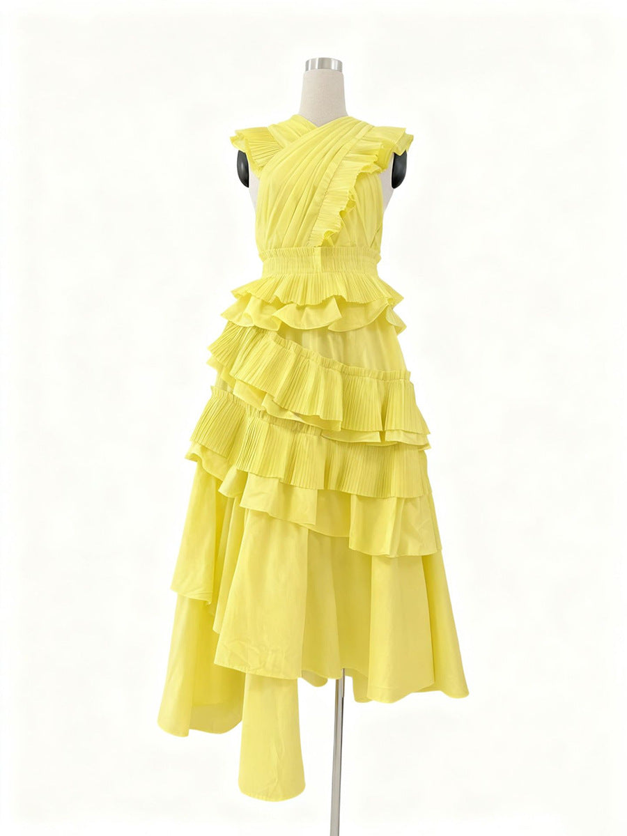 Spring Elegant Elegant Wooden Ear Stitching High Grade V neck Cross Maxi Dress Women Clothing