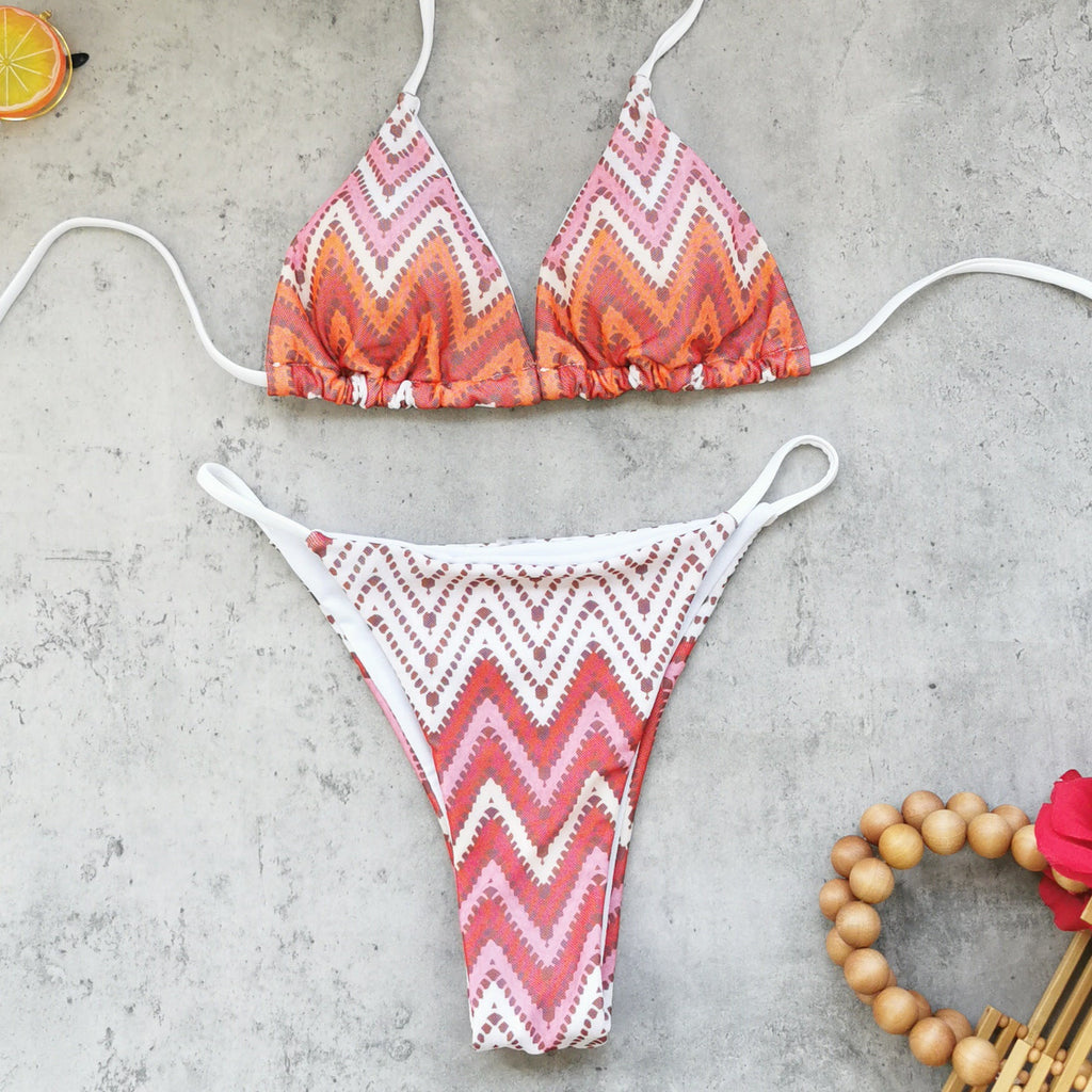 Bella Mia Striped Printed Sexy Backless Three Point Bikini Mesh Trousers Split Swimsuit Women — detail and construction