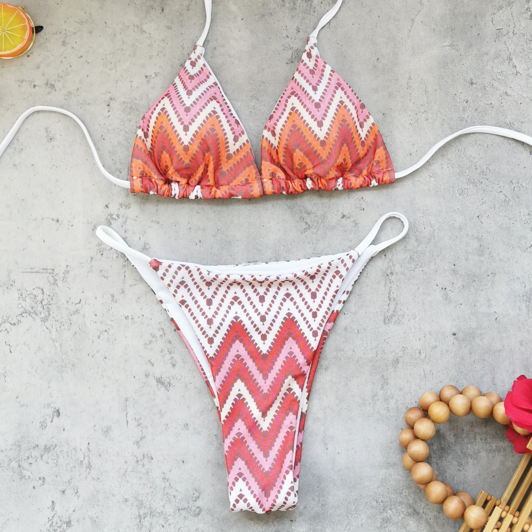 Bella Mia Striped Printed Sexy Backless Three Point Bikini Mesh Trousers Split Swimsuit Women — detail and construction