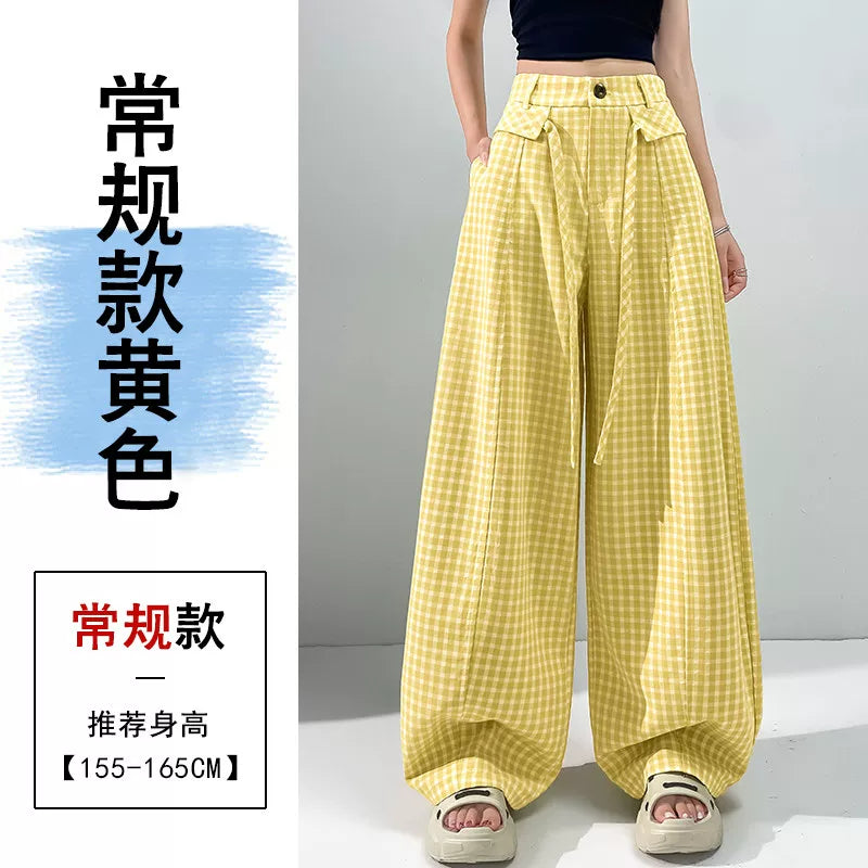 High Waist Loose Fit Casual Wide Leg Pants Women's Retro Plaid Dopamine Pants