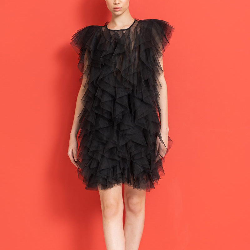 Irregular Asymmetric Ruffled Stitching See through Organza Sleeveless Sexy Dress Women