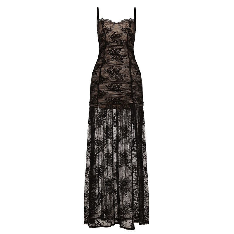 Bella Mia Women Clothing See through Lace Split Pleated Sling Elegant Dress Holiday Sheath Dress — detail and construction
