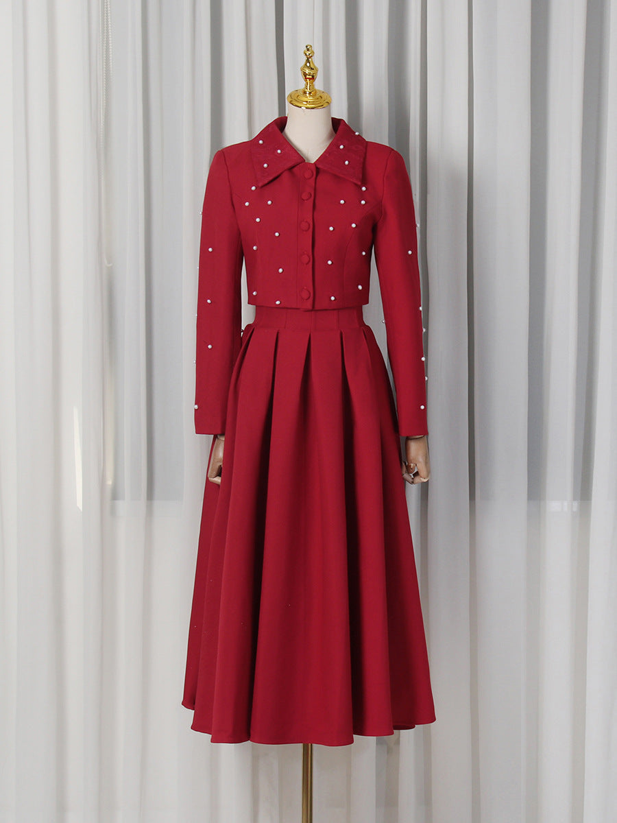 Spring Elegant Pleated Slim Maxi Dress Solid Color Beaded Collared Long Sleeve Two Piece Sets Women