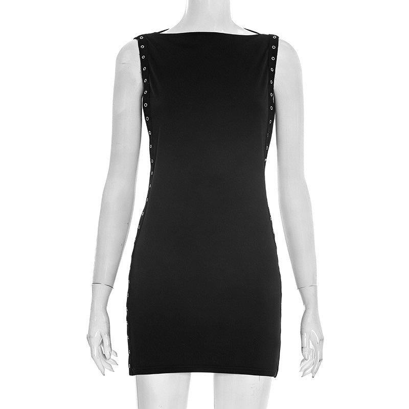Bella Mia Women Clothing Summer Solid Color Casual round Neck Corns Hollow Out Cutout Sexy Short Sleeveless Dress — alternate view