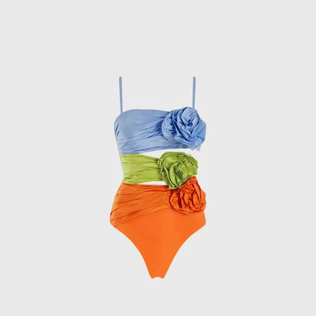Contrasting Color Hollow Suspender One Piece Swimsuit