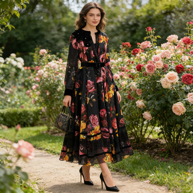 Spring High Grade Printed V neck Dress Tight Waist Slimming Flared Sleeves Stitching Lace Dress Women