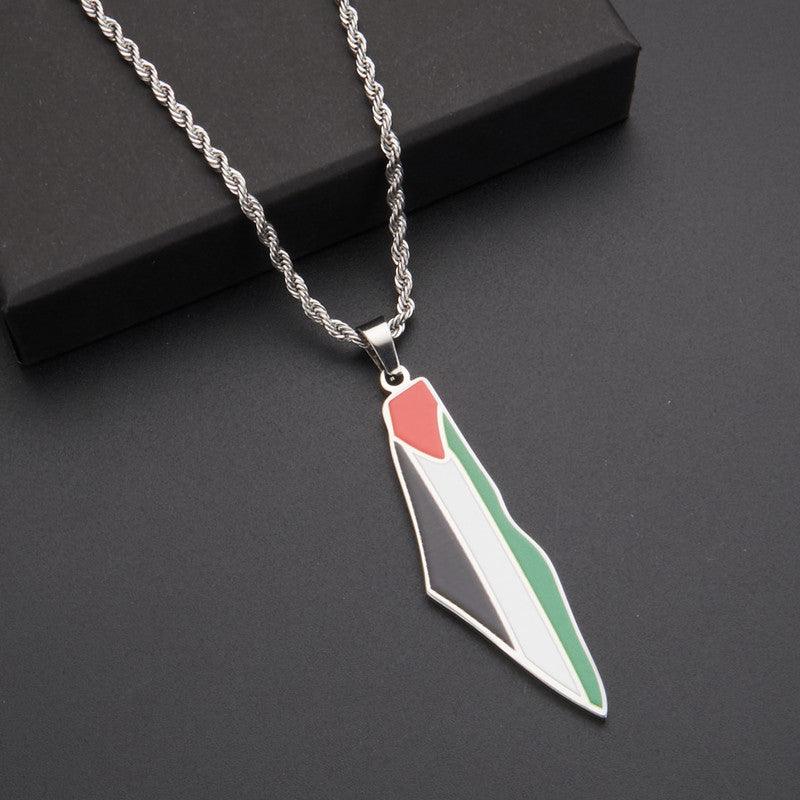 Mariam's Collection MAC100 Stainless Steel Vintage keffiyeh Palestine Map Pendant Necklace — Mariam's Collection branding close-up