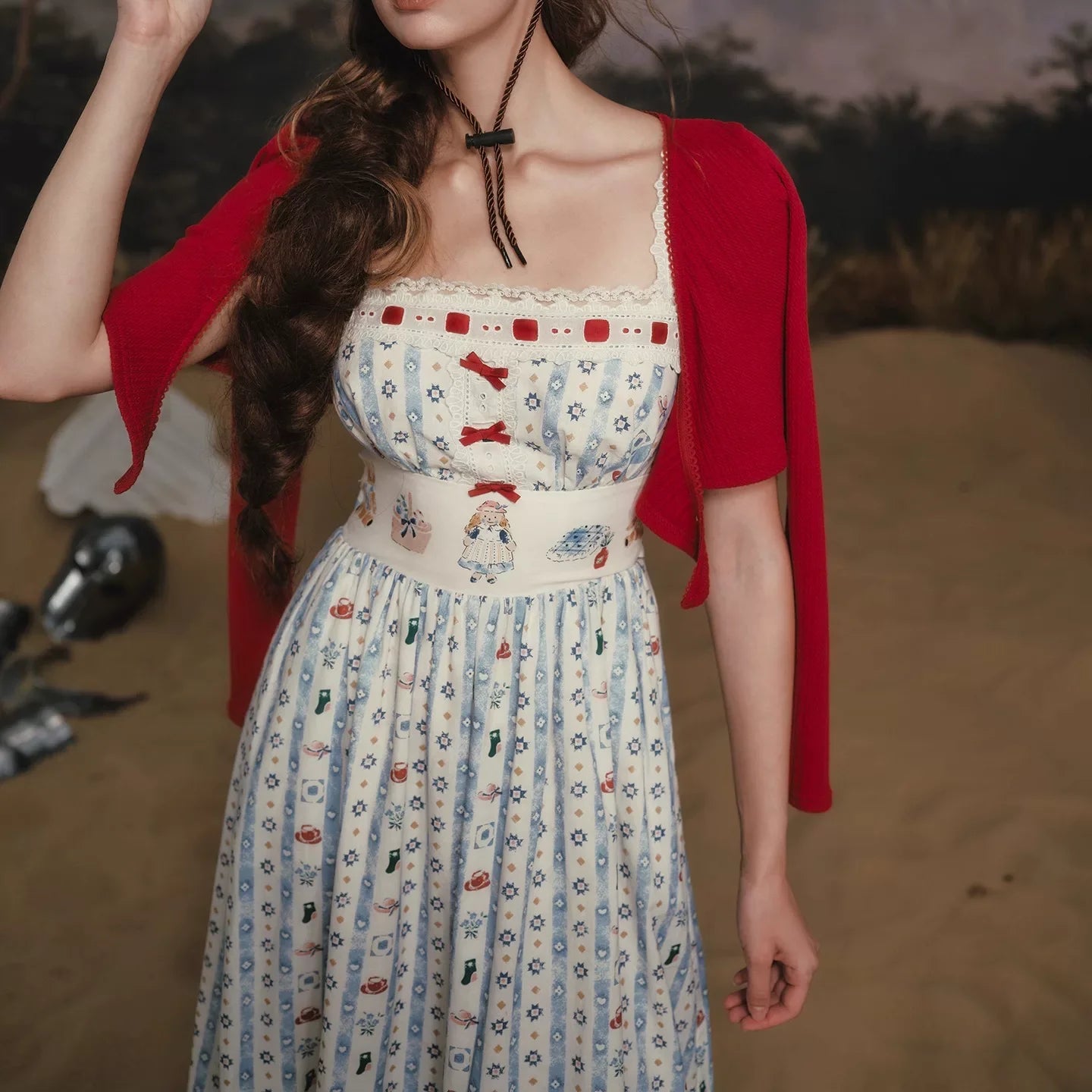 Bear Kitchen French Pastoral Sweet Print Striped Suspender Long Dress Blue Women