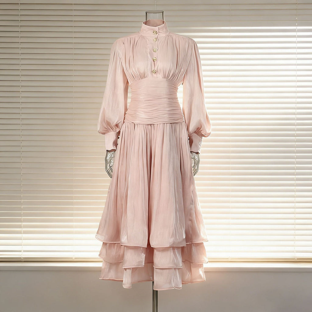 Spring Elegant Retro Lantern Sleeve Breasted Ruffled Maxi Dress Waist Slimming Dress