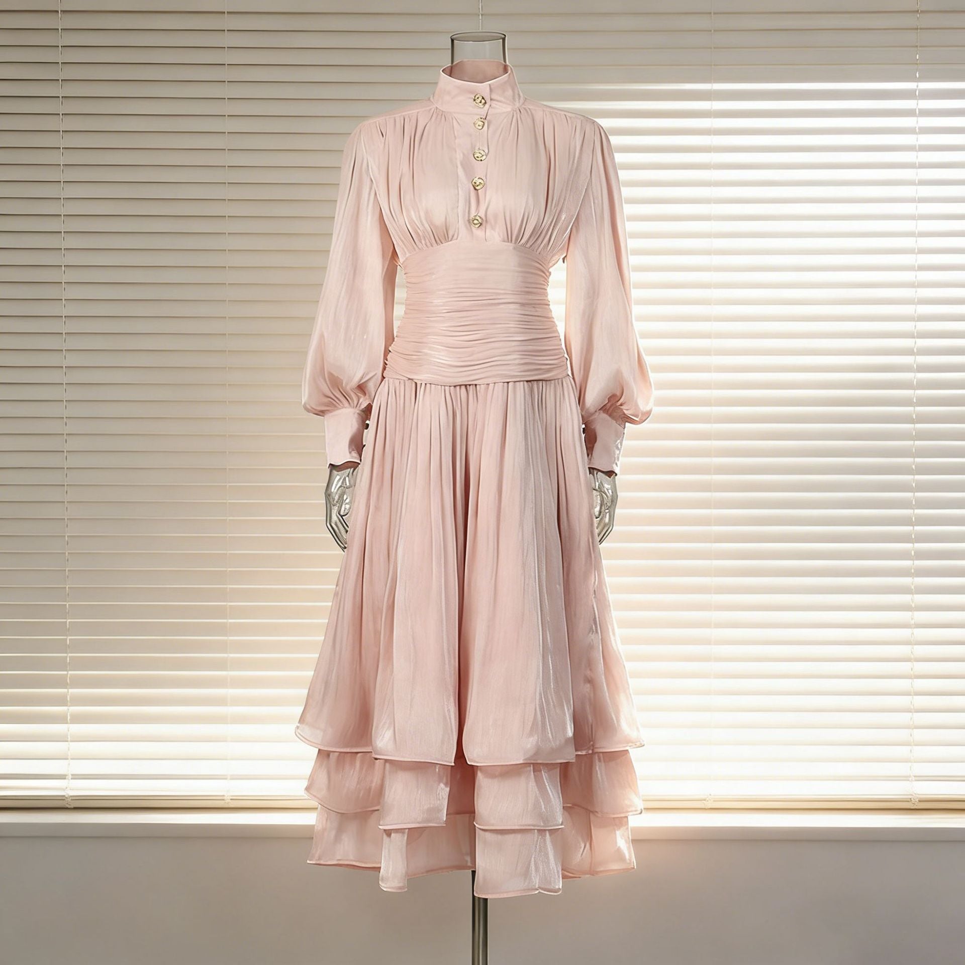 Spring Elegant Retro Lantern Sleeve Breasted Ruffled Maxi Dress Waist Slimming Dress