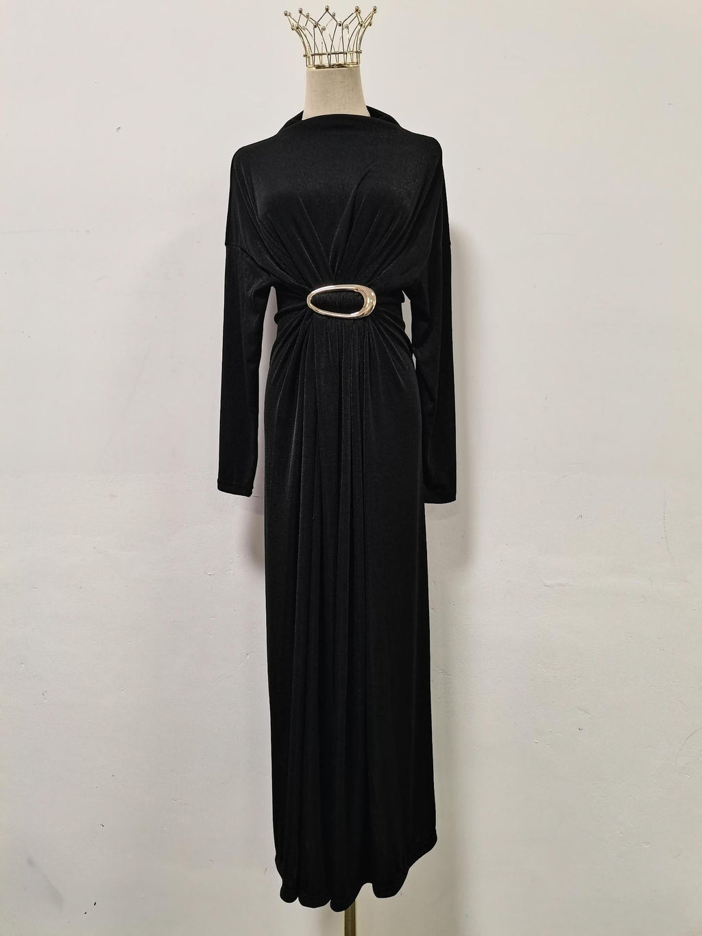Fall Retro Metal Decorative Waist Slimming Half Turtleneck High Waist Maxi Dress for Women