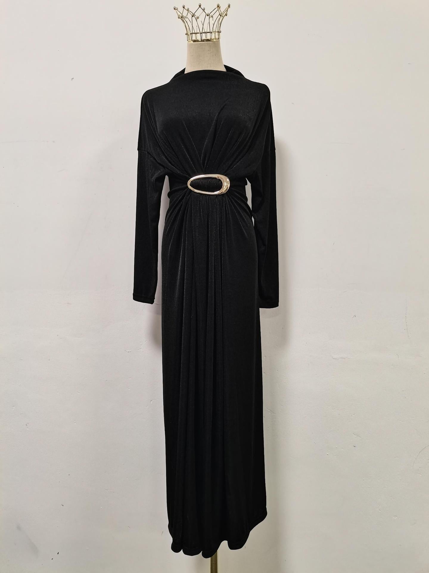 Fall Retro Metal Decorative Waist Slimming Half Turtleneck High Waist Maxi Dress for Women