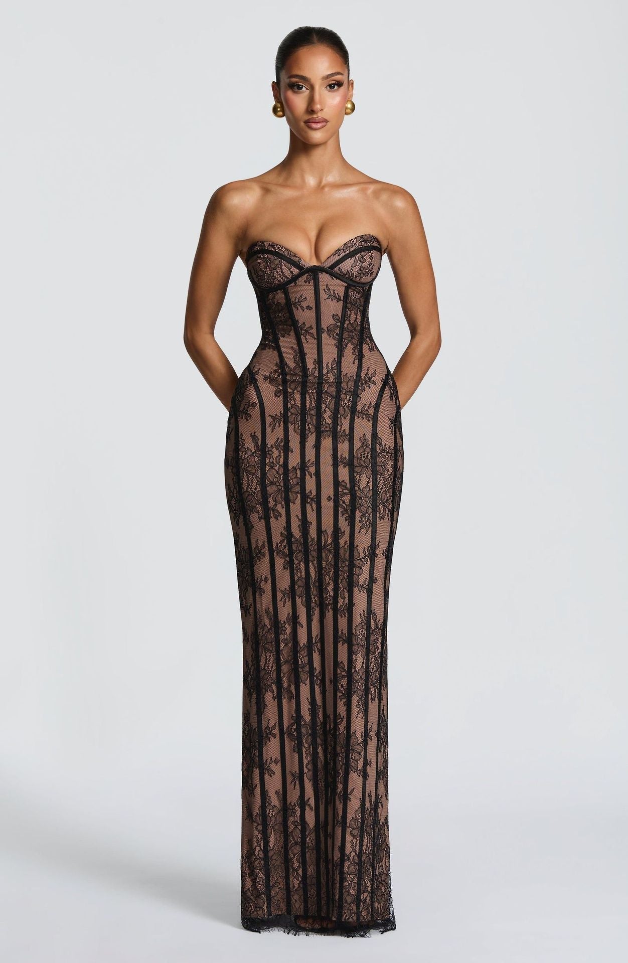 Women's Tube Top Lace Maxi Dress Slim Fit High Waist Hip-Accented
