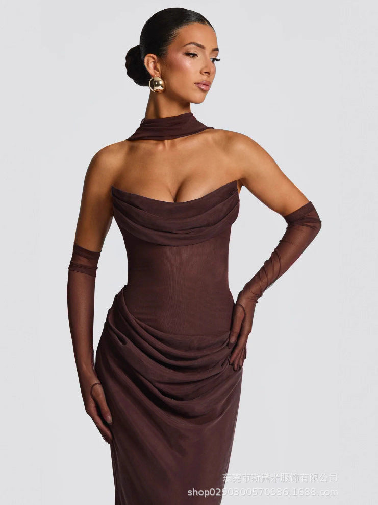 Women's Mesh Spliced Tube Top Long Dress Set