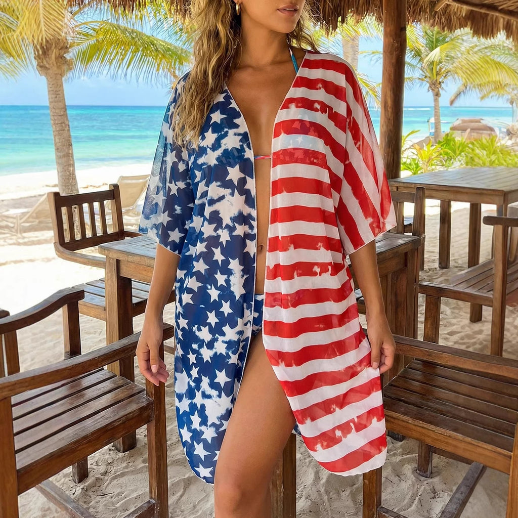 Bella Mia Women Sun Protection Cardigan Women Clothing Contrast Color Striped Stitching Batwing Sleeve Beach Coat Beach Cover Up — branding close-up