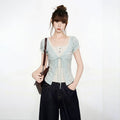 Blue V-Neck Lace Short Sleeve Blouse And Vest Two-Piece Set