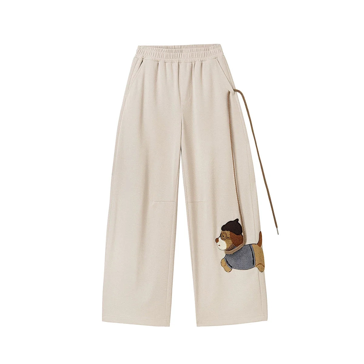 Leash Puppy Embroidery Straight Wide Leg Pants Casual Loose Walking Trousers Flattering Long Pants