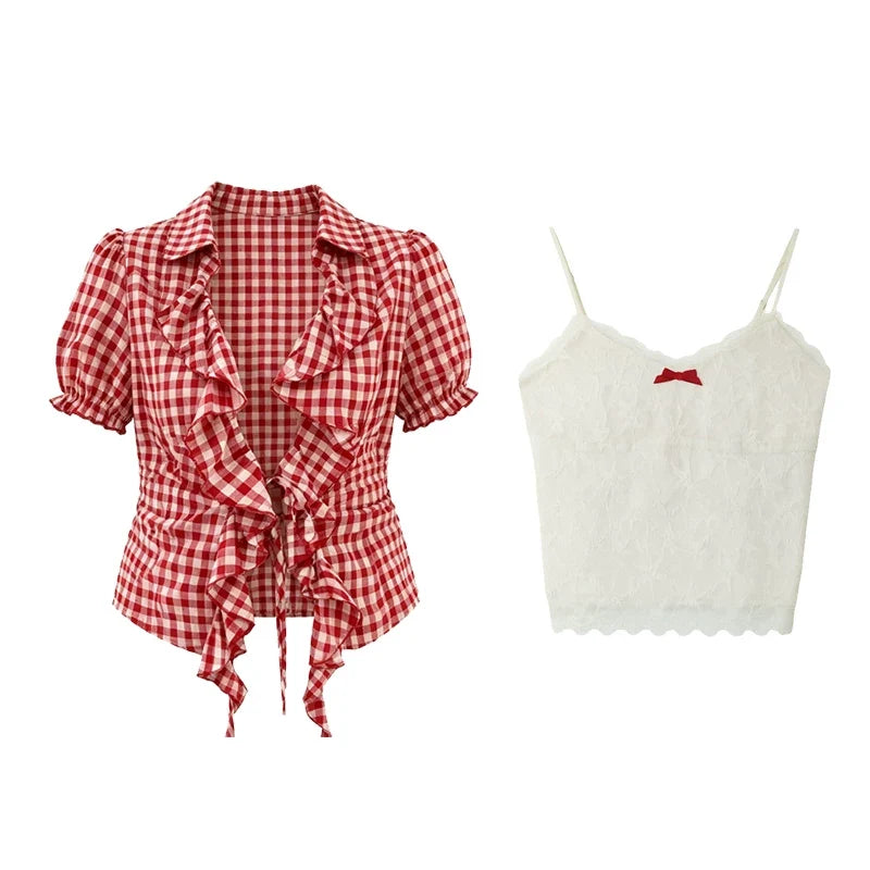 Women's Sweet Red and White Plaid Shirt and Denim Skirt Three-Piece Set