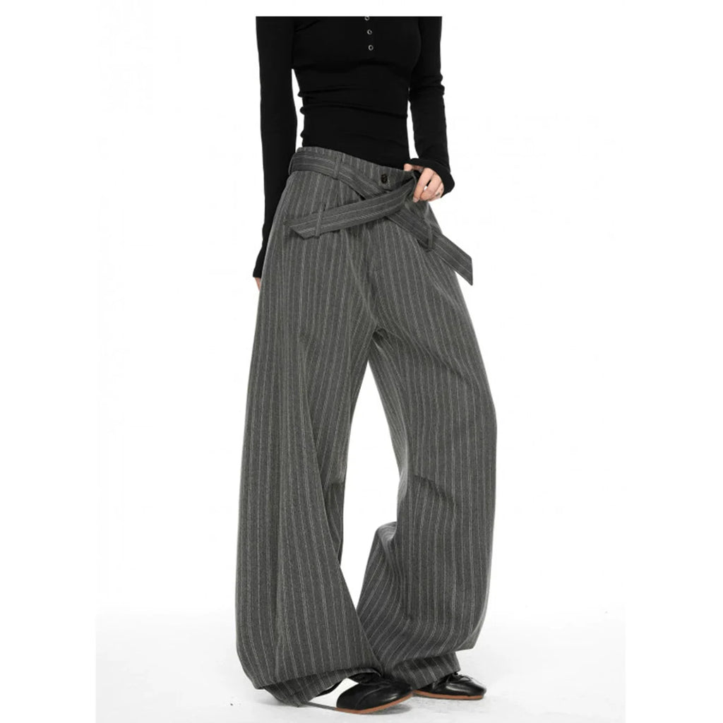 CEAROCOW Women's Retro Pleated Stripe Belt Trousers Loose Fit