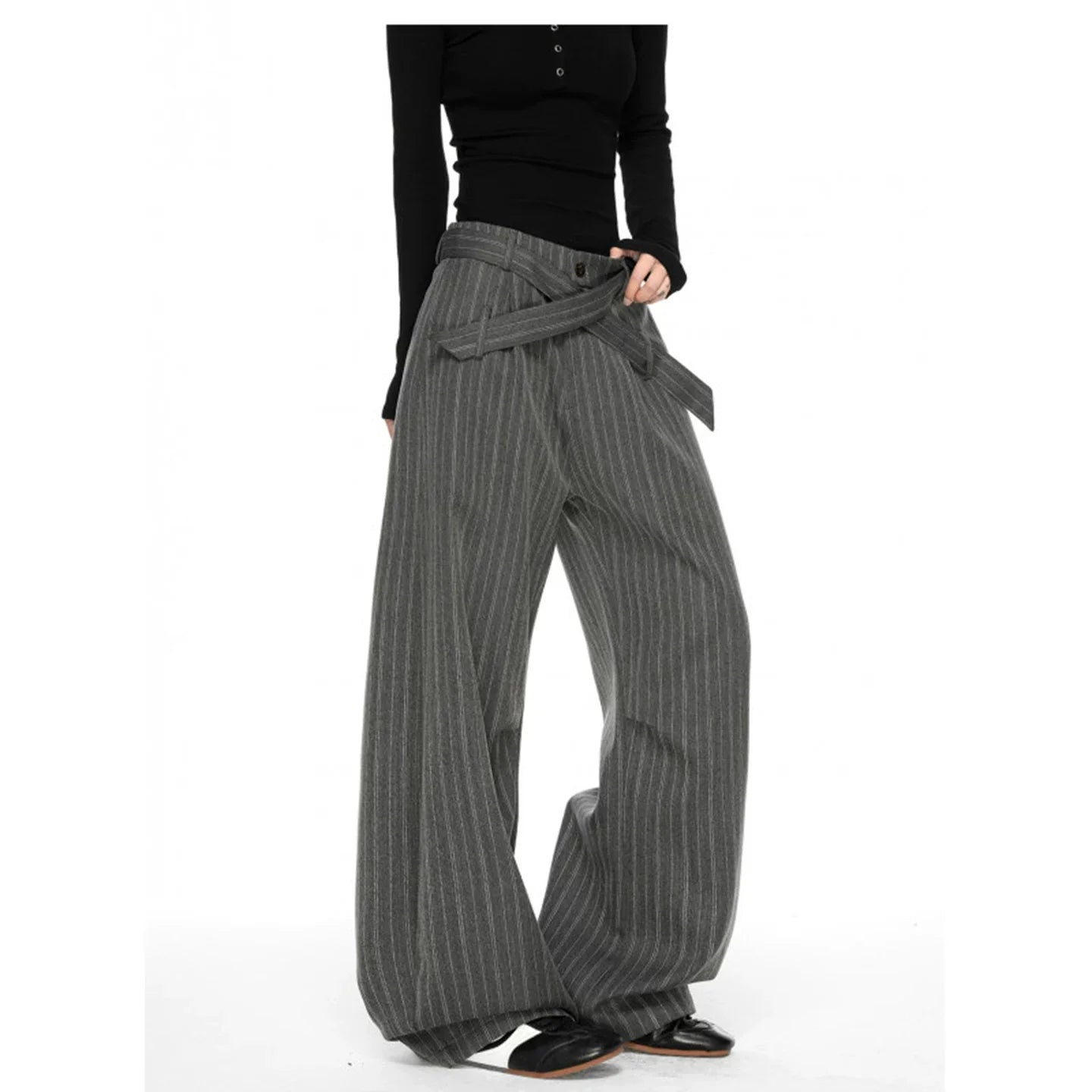 CEAROCOW Women's Retro Pleated Stripe Belt Trousers Loose Fit