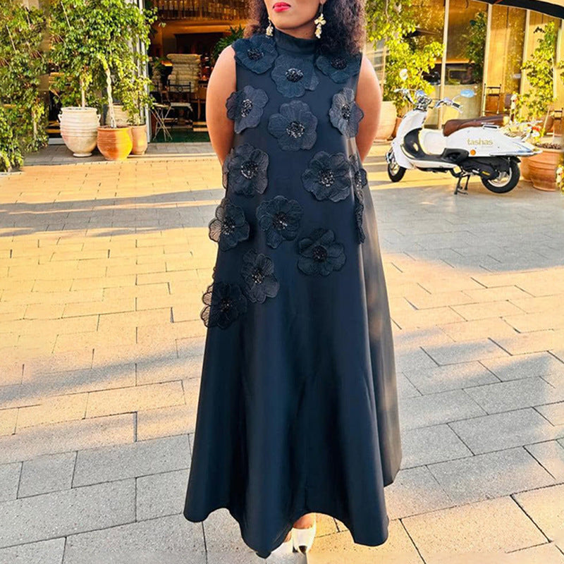 Dress Autumn Winter Heavy Industry Stitching Floral Sleeveless Slim Slimming Textured Dress Women