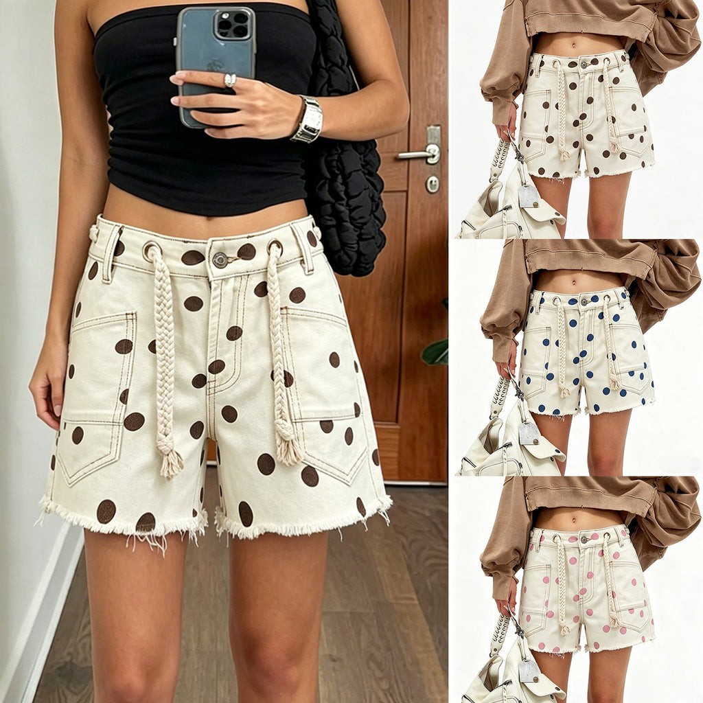 Women's High-Waist Denim Shorts Drawstring Polka Dot Rivet