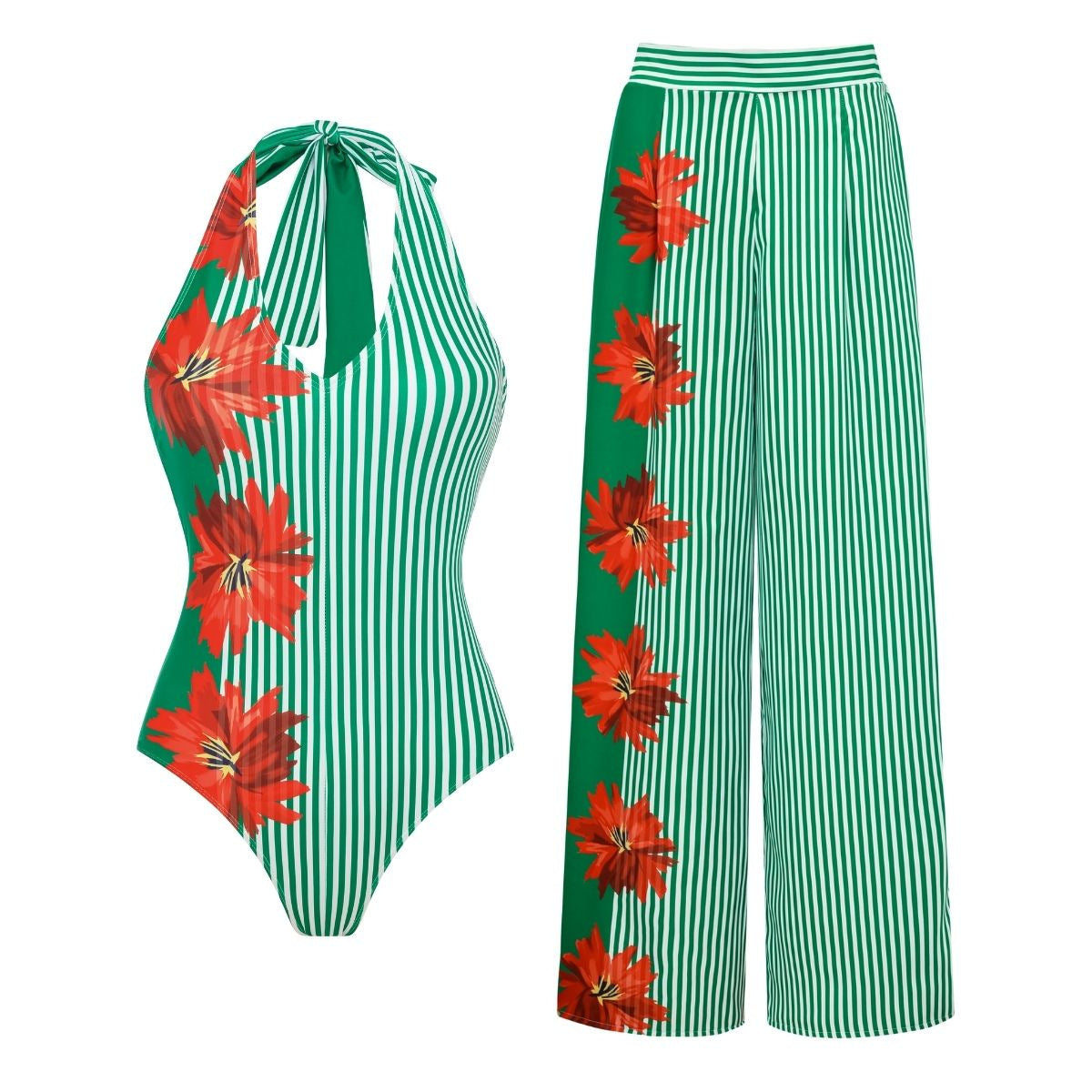 Swimsuit Green Striped Floral Stitching Swimsuit Women Tube Top Swimsuit