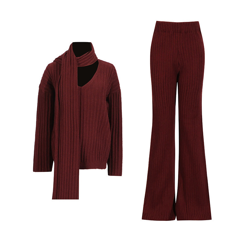 Women Autumn Winter High Grade Elegant Knitted Two Piece Scarf Design Loose Wide Leg Pants Set