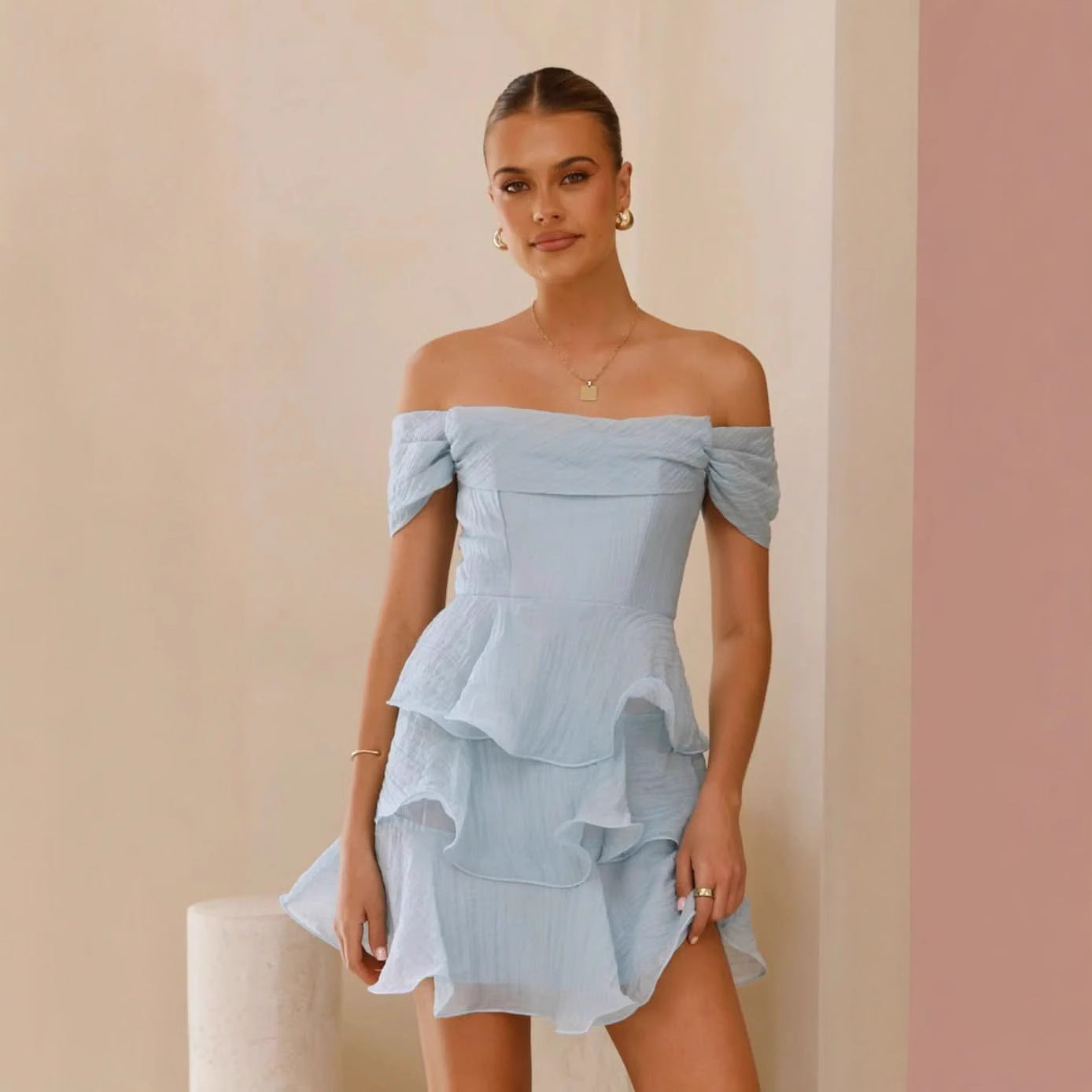 Bella Mia Summer Sexy Tube Top Backless Solid Color Tiered Dress — lifestyle context