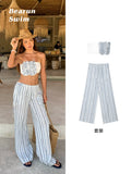 Women's Stripe High Waist Short Set Vest Tube Top Trousers