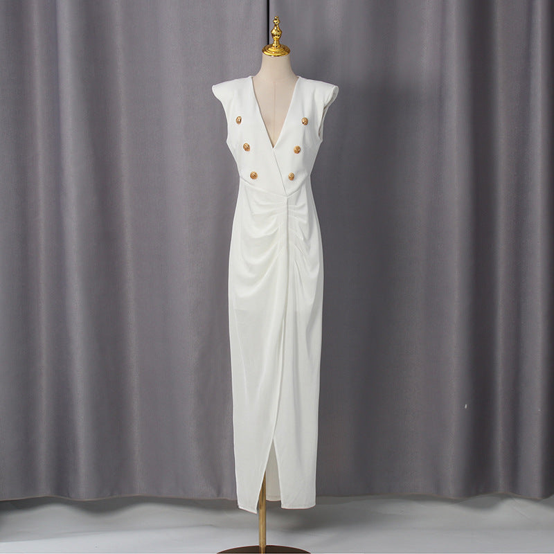 Spring V neck Sleeveless Design Split Dress Tight Waist Slimming Metal Decorative Dress Women