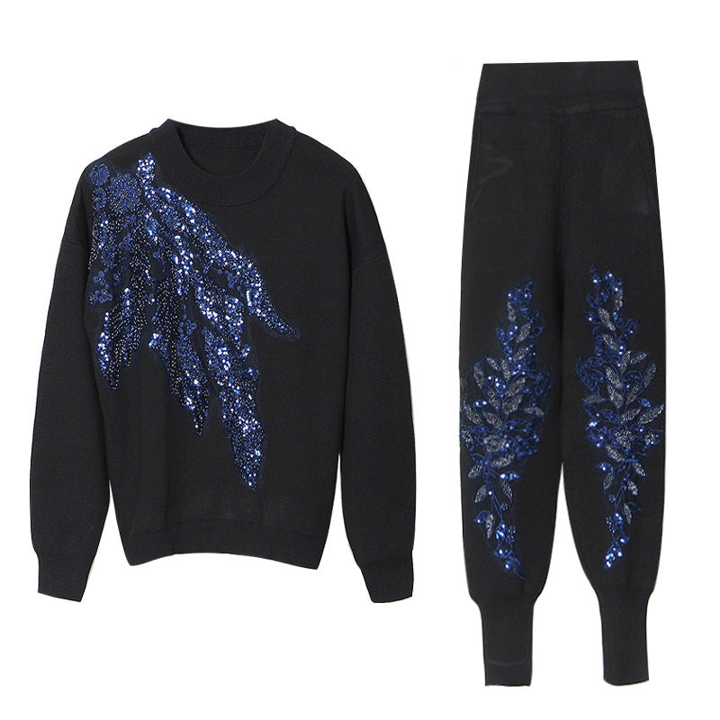 Autumn Winter Elegant Sequ round Neck Long Sleeve Leg Shaping Two Piece Slim Slimming Casual Set for Women