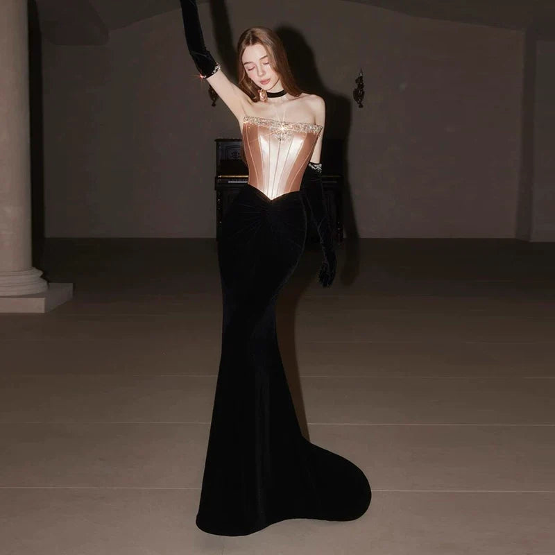 Mantianghong Black Fish Tail Evening Dress Strapless Beaded Mid Rise