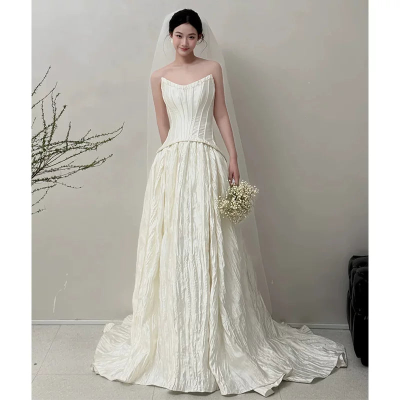 French Style Tube Top Wedding Dress White Long
