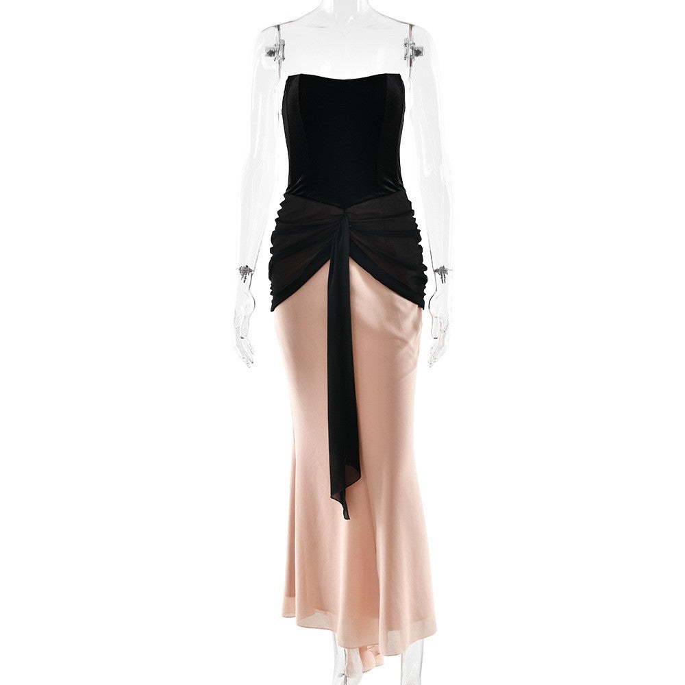 Bella Mia Pleated Ribbon Slim Fit High Waist Dress Sexy Wrapped Chest Waist Color Contrast Patchwork Dress — packaging or label
