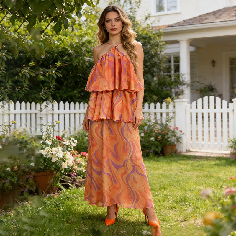 Autumn Winter High Grade Elegance Sleeveless Halter Stitching Elegant Ruffled Slimming Dress Women