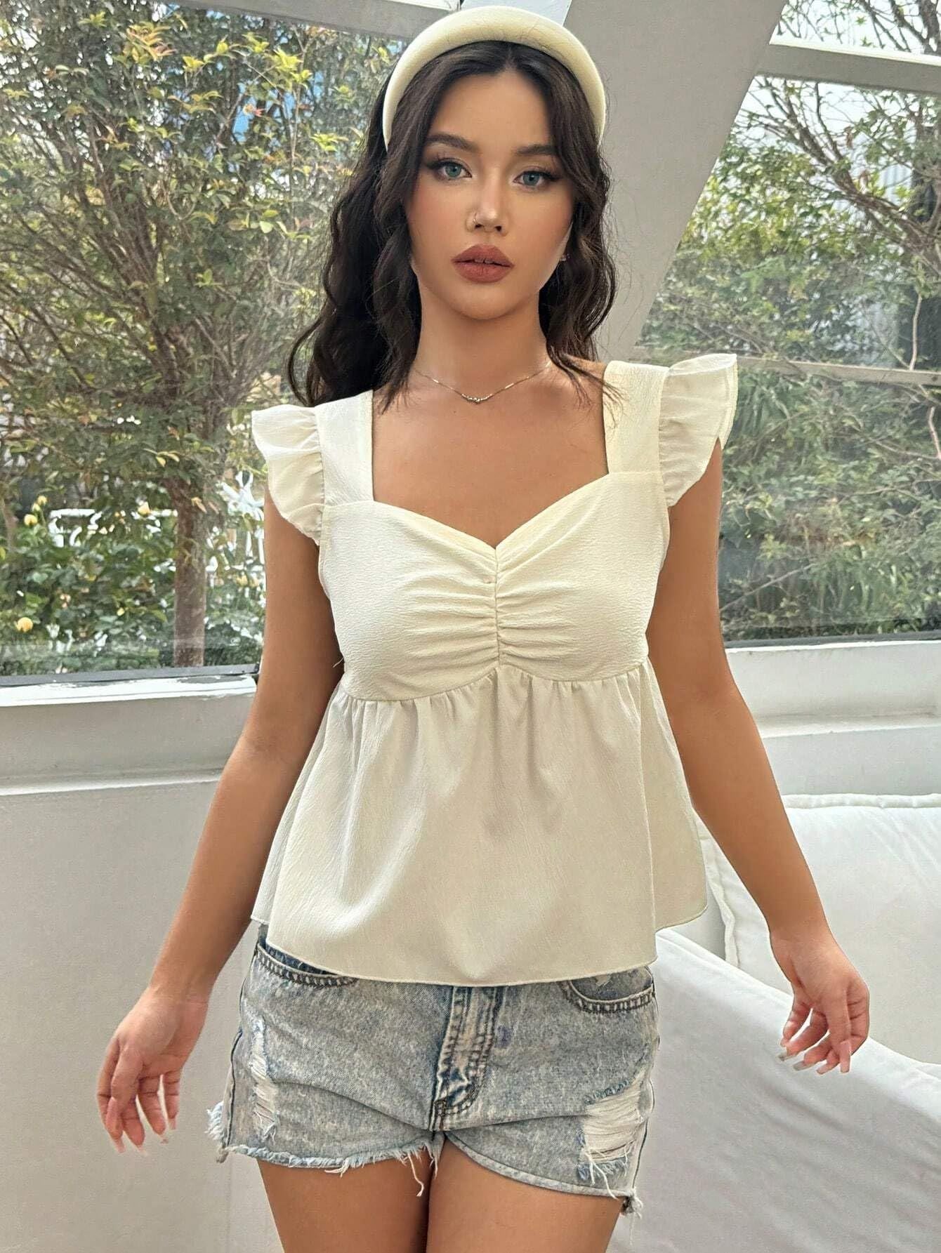 Bella Mia Sexy Ruffled Short Flounced Sleeve Top High Grade Slimming Exquisite off Shoulder Square Collar Loose French Top — detail and construction