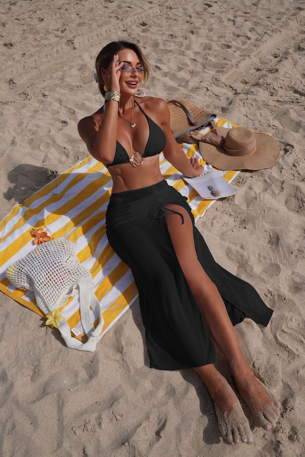 Bella Mia Solid Color Beach Sun Protection Tulle Skirt Sexy Three Piece Set Bikini Split Swimsuit — scale reference