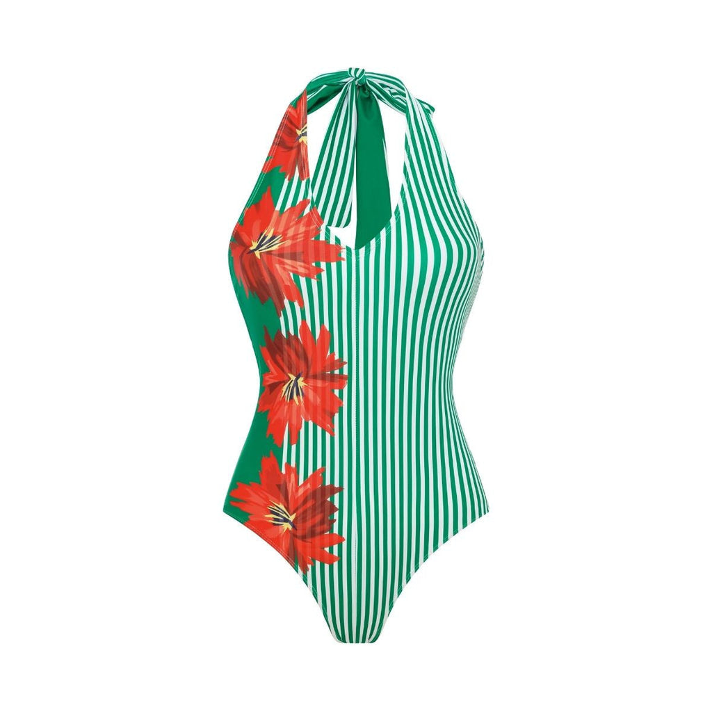 Bella Mia Swimsuit Green Striped Floral Stitching Swimsuit Women Tube Top Swimsuit — scale reference
