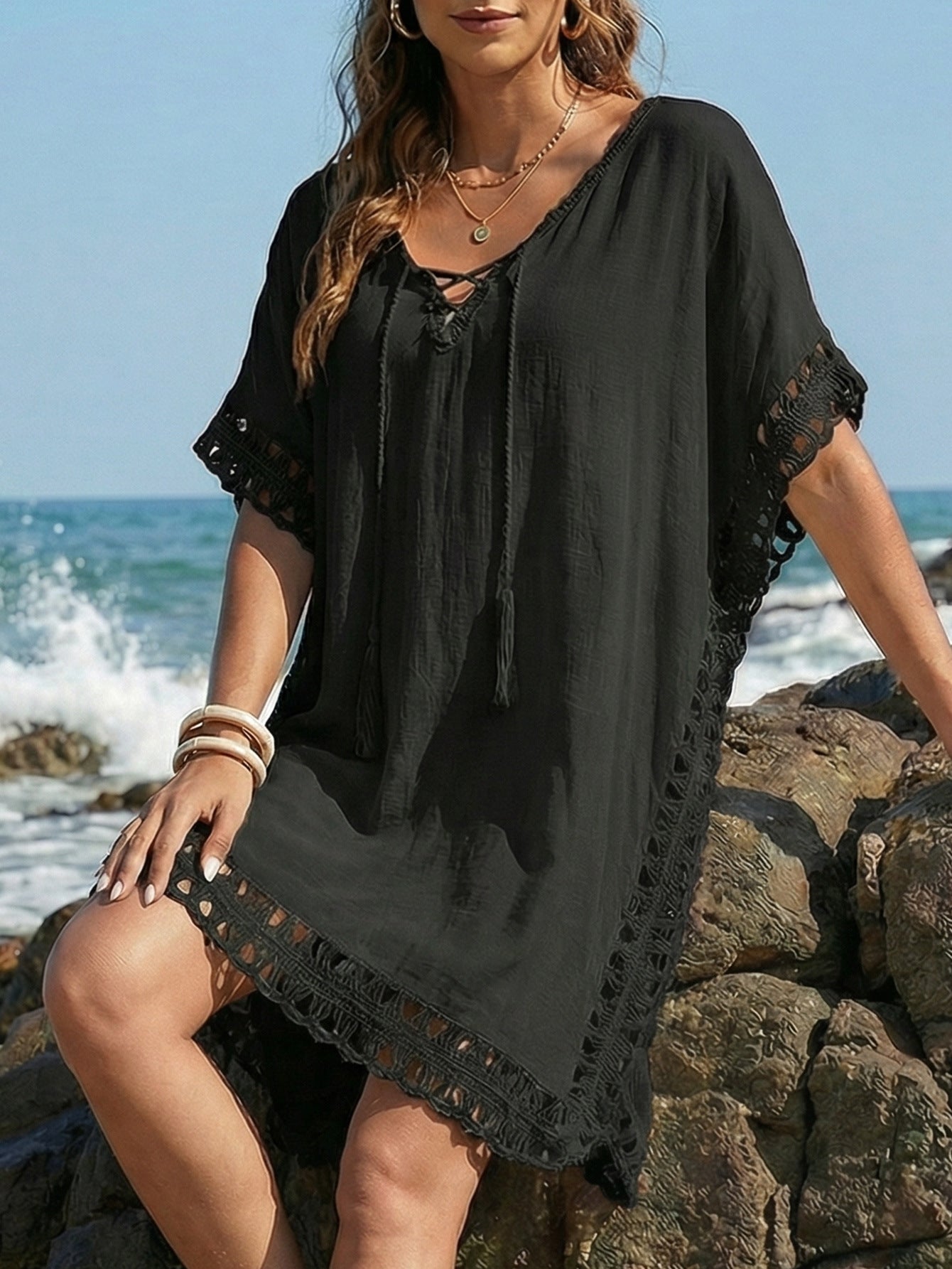 Bella Mia Women Dress Women Clothing Hand Crocheting Stitching Tied Loose Beach Beach Cover Up — lifestyle context