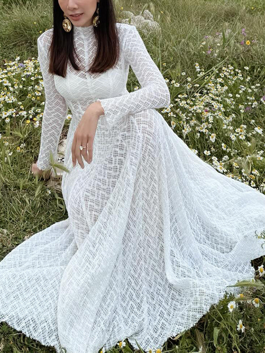 Autumn Winter Niche Design Beautiful Lace Slim Fit Slimming Wide Hem Maxi Dress Women