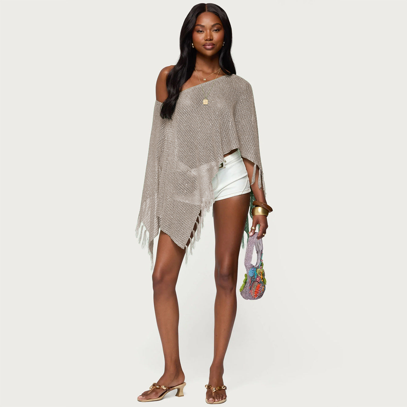 Bella Mia Summer Sexy Hollow Out Cutout out Sexy Diagonal Collar Inverness Irregular Asymmetric Design Knitted Blouse — lifestyle context