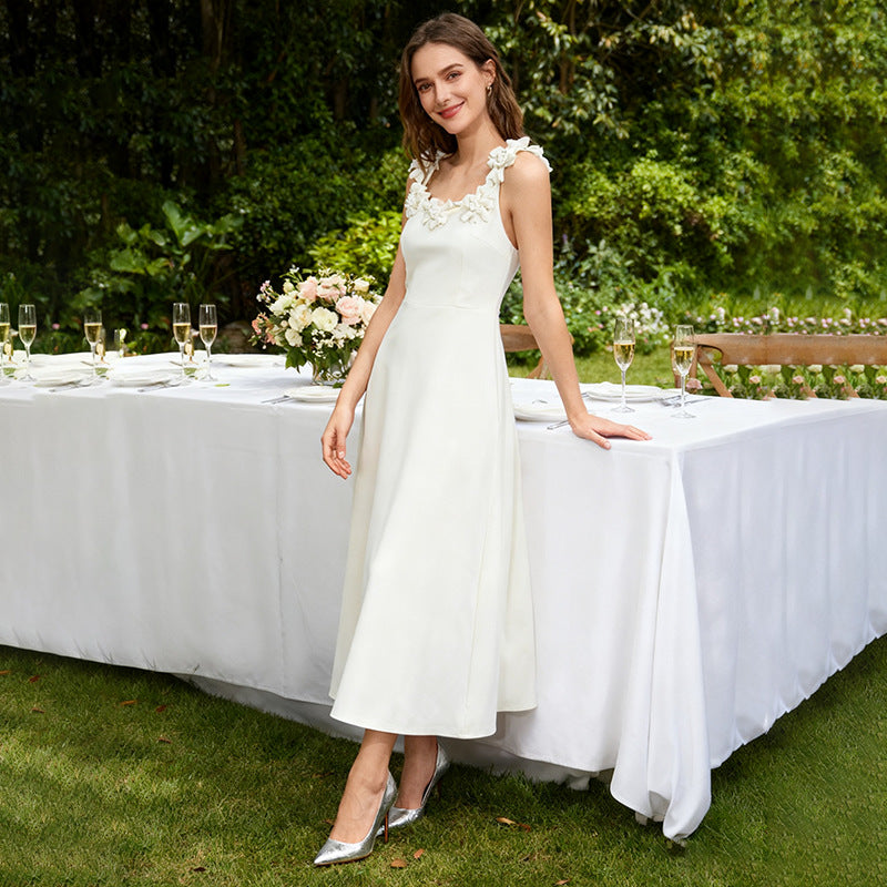 Fall Elegant Elegant Sweet Heavy Industry Three Dimensional Floral Long Patchwork Strap Dress for Women