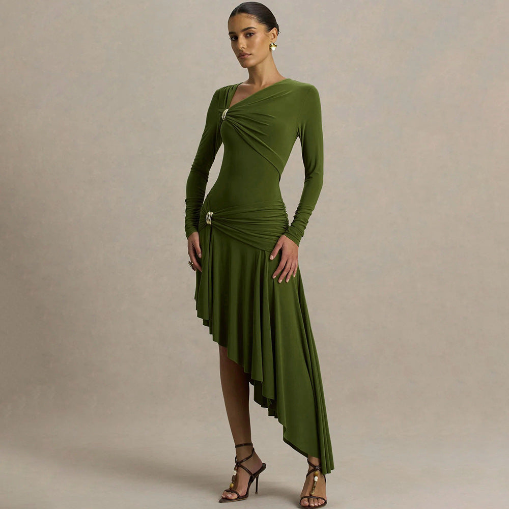 Bella Mia Autumn Winter Graceful Fashionable Women Slim Dress Sexy Pleated Irregular Asymmetric Maxi Dress — detail and construction