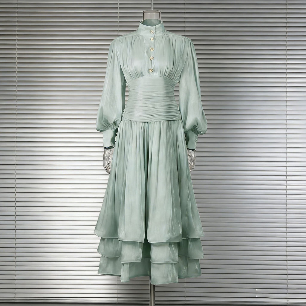 Spring Elegant Retro Lantern Sleeve Breasted Ruffled Maxi Dress Waist Slimming Dress